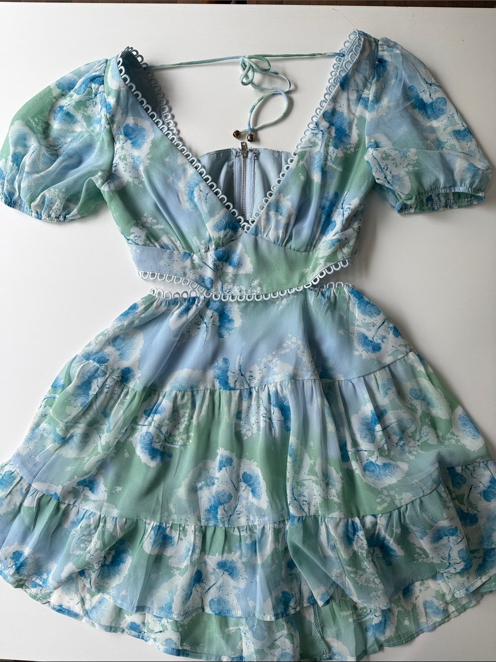 Blue & Mint Floral Tiered Mini Dress with Puff Sleeves